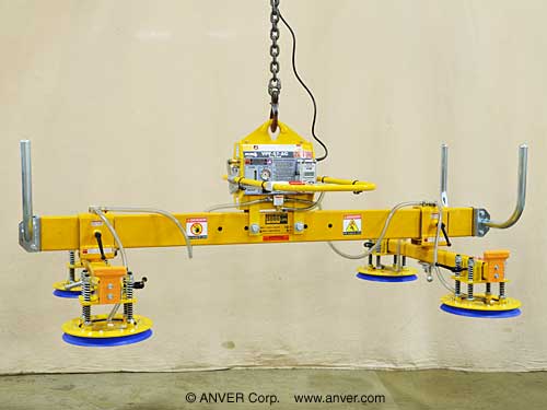 ANVER Four Pad Electric Powered Lifter with Four Pad Lifting Frame for Lifting & Handling Steel Sheets 12 ft x 6 ft (3.7 m x 1.8 m) up to 3000 lbs (1361 kg)